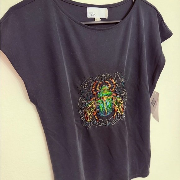Nordstrom Tops - Nordstrom Rack Black Short-Sleeve Tee with Beaded Multicolor Scarab